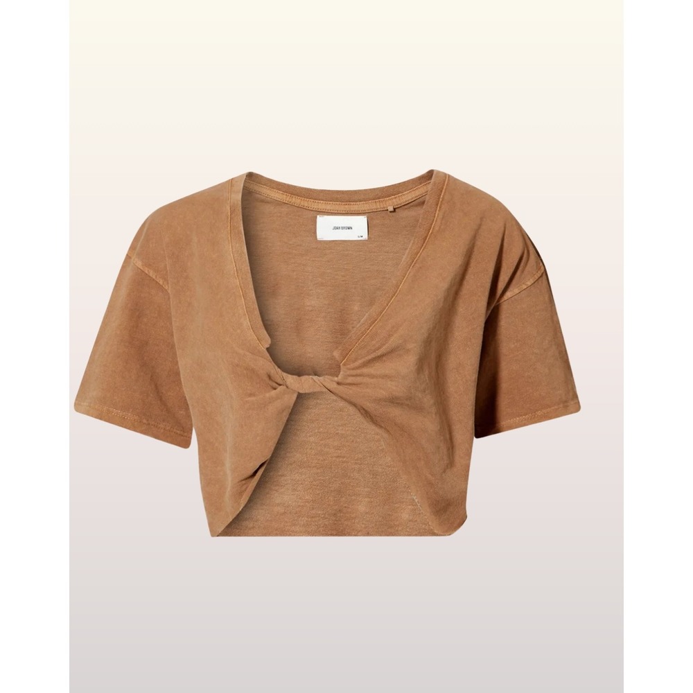 Joah Brown Twist Tee Top S/M Brown Cropped Short Sleeve Front Knot Cotton